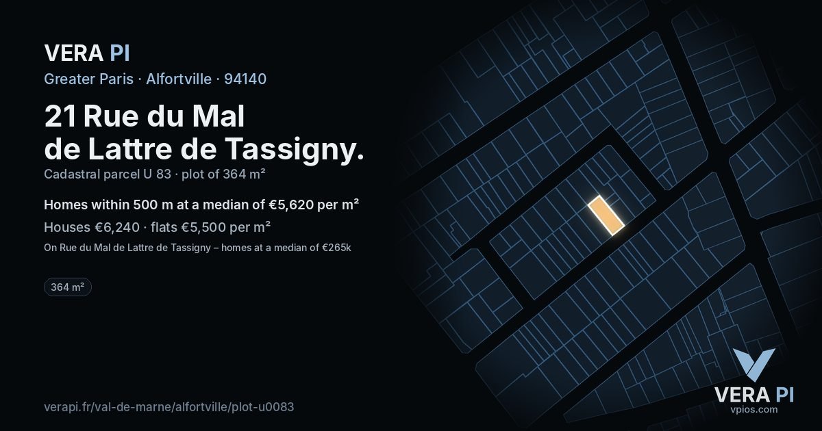 21 Rue du Mal de Lattre de Tassigny, Alfortville at night – the plot lit, the parcels around coloured by the prices near them