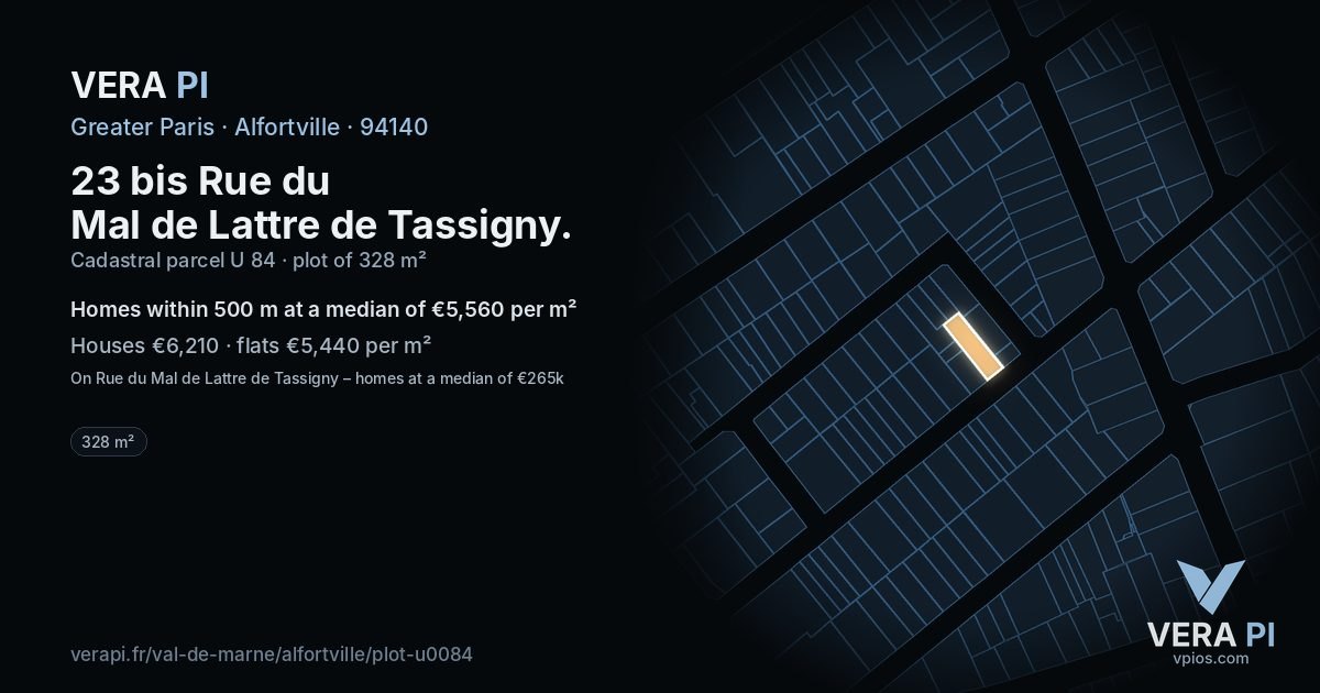 23 bis Rue du Mal de Lattre de Tassigny, Alfortville at night – the plot lit, the parcels around coloured by the prices near them