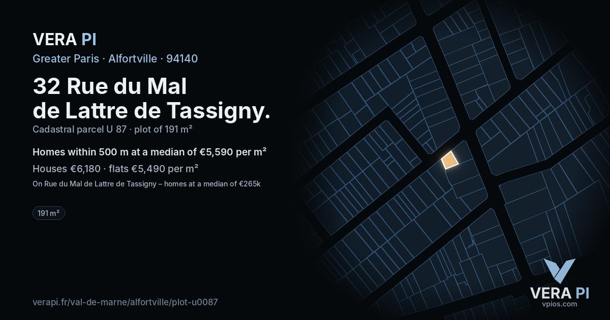 32 Rue du Mal de Lattre de Tassigny, Alfortville at night – the plot lit, the parcels around coloured by the prices near them