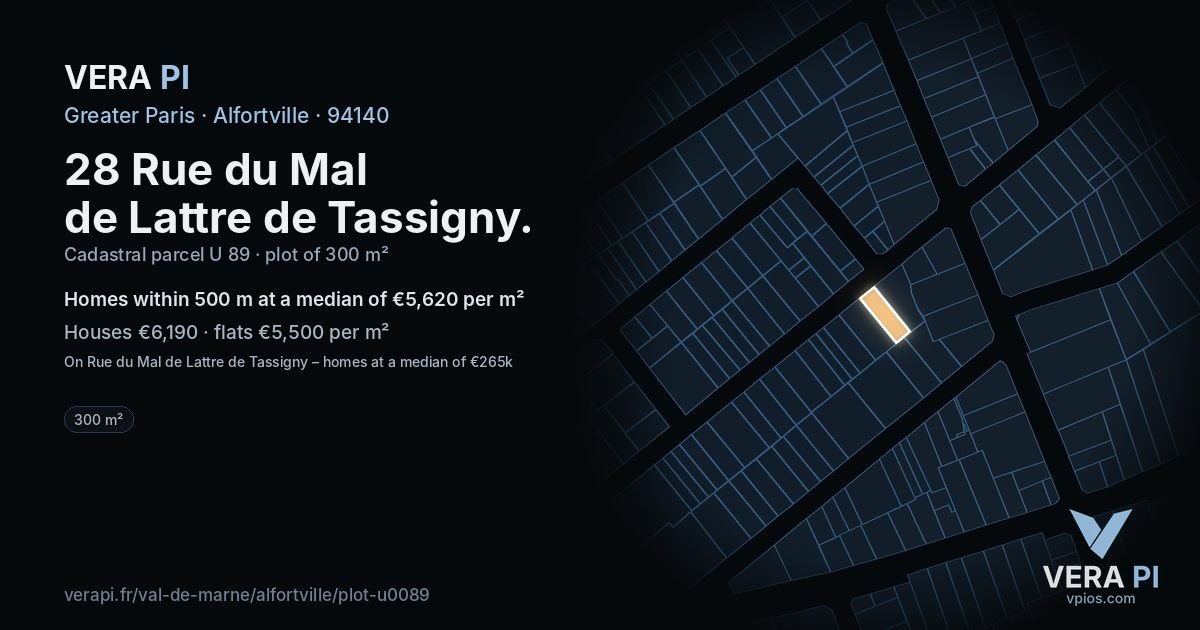 28 Rue du Mal de Lattre de Tassigny, Alfortville at night – the plot lit, the parcels around coloured by the prices near them