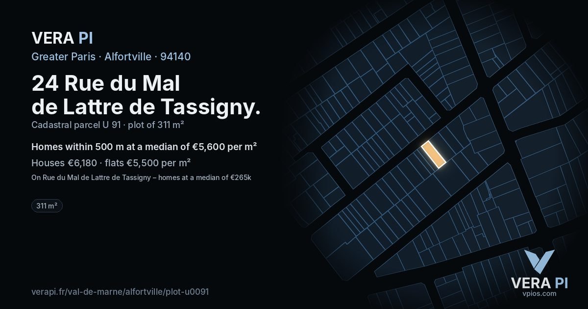 24 Rue du Mal de Lattre de Tassigny, Alfortville at night – the plot lit, the parcels around coloured by the prices near them