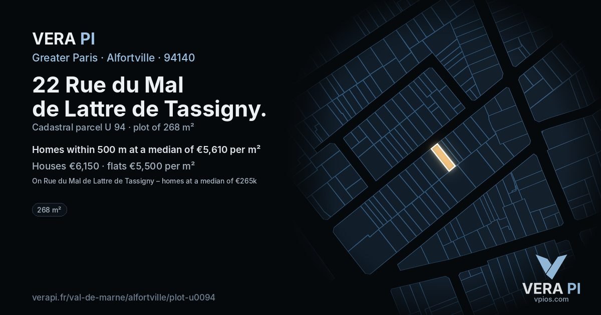 22 Rue du Mal de Lattre de Tassigny, Alfortville at night – the plot lit, the parcels around coloured by the prices near them