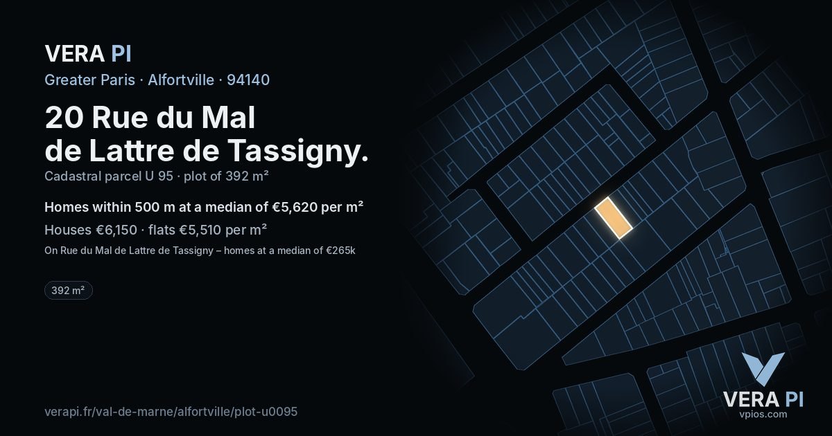 20 Rue du Mal de Lattre de Tassigny, Alfortville at night – the plot lit, the parcels around coloured by the prices near them