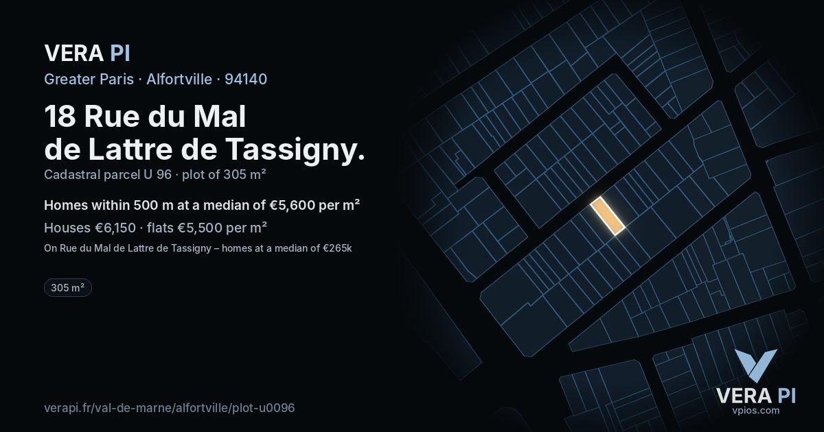 18 Rue du Mal de Lattre de Tassigny, Alfortville at night – the plot lit, the parcels around coloured by the prices near them