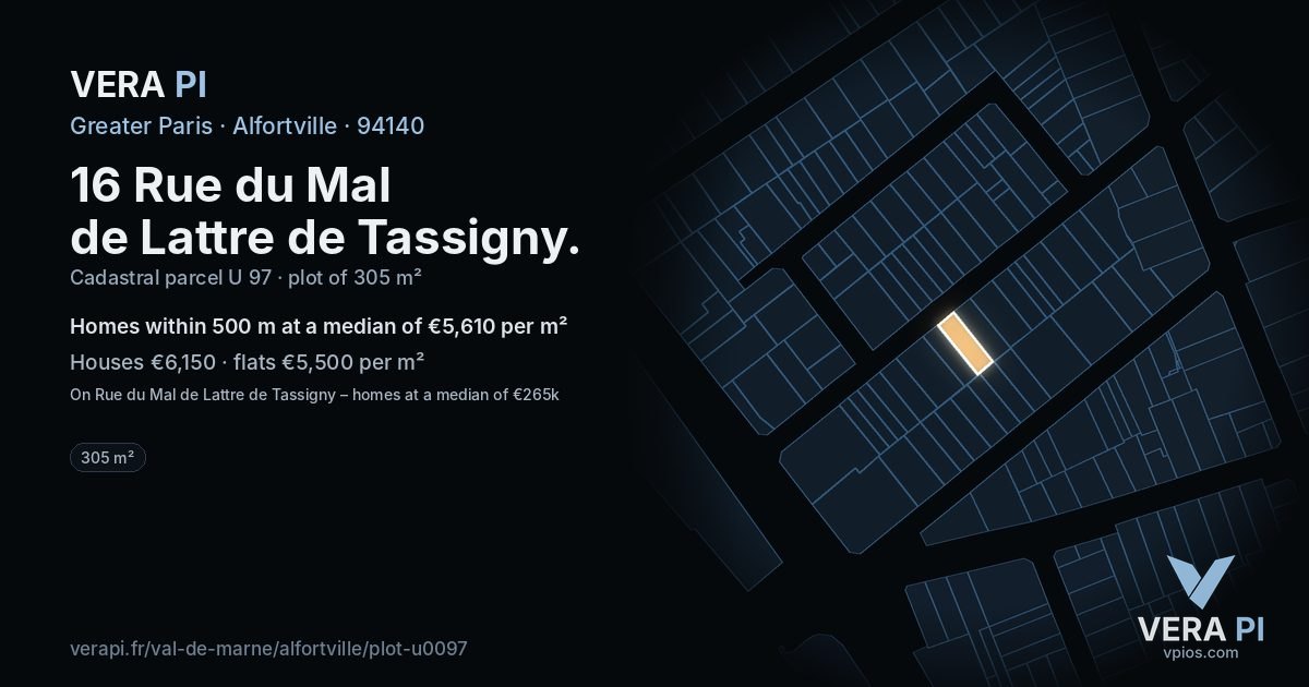 16 Rue du Mal de Lattre de Tassigny, Alfortville at night – the plot lit, the parcels around coloured by the prices near them