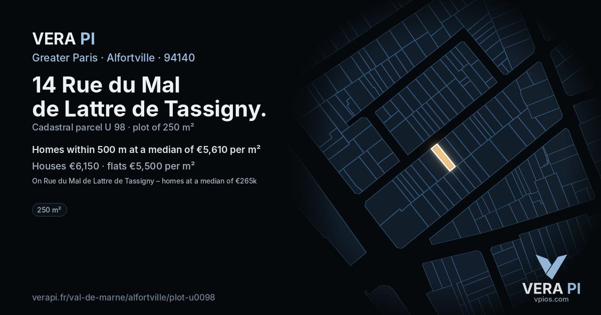 14 Rue du Mal de Lattre de Tassigny, Alfortville at night – the plot lit, the parcels around coloured by the prices near them