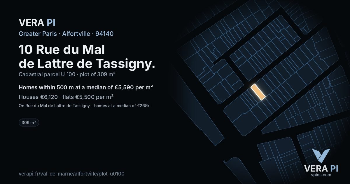 10 Rue du Mal de Lattre de Tassigny, Alfortville at night – the plot lit, the parcels around coloured by the prices near them