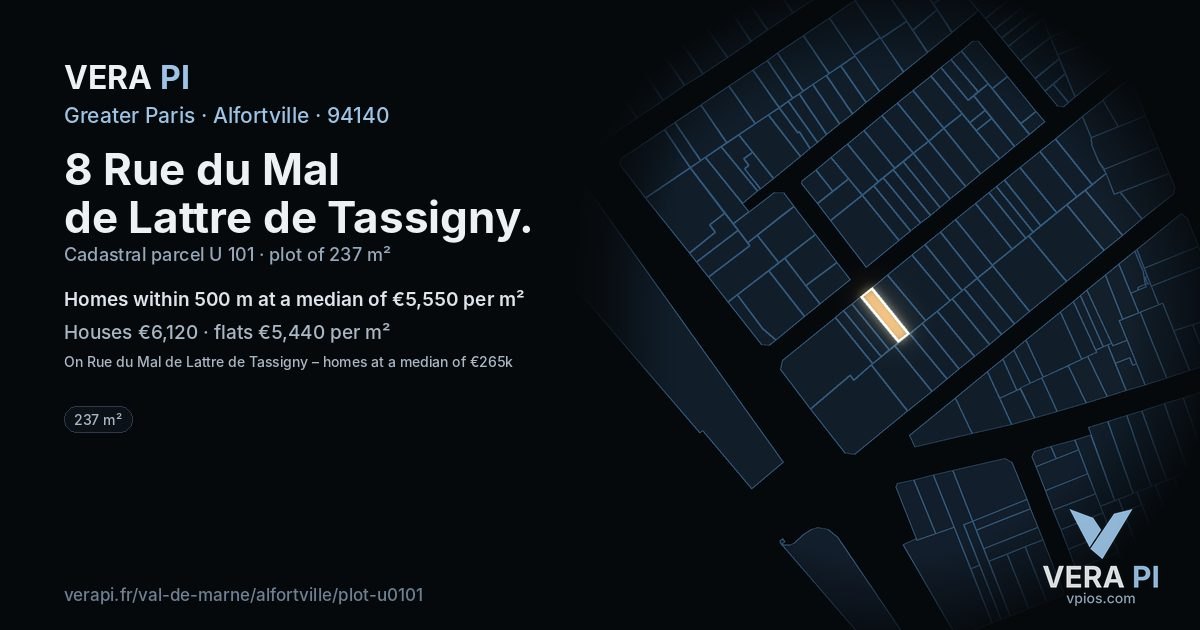 8 Rue du Mal de Lattre de Tassigny, Alfortville at night – the plot lit, the parcels around coloured by the prices near them