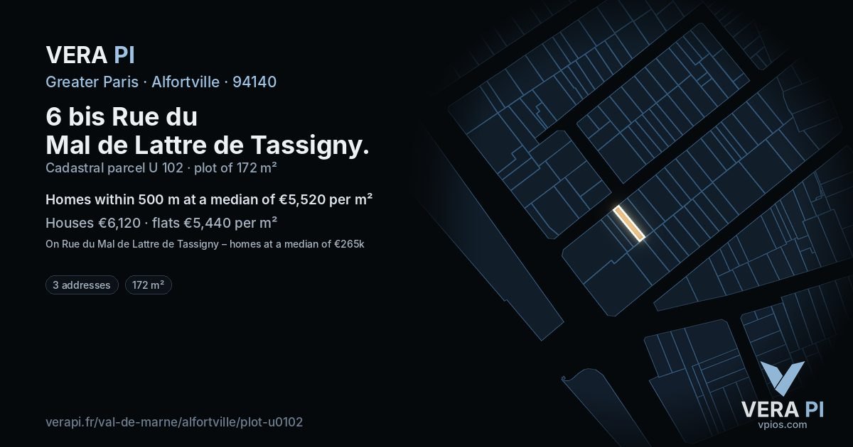 6 bis Rue du Mal de Lattre de Tassigny, Alfortville at night – the plot lit, the parcels around coloured by the prices near them