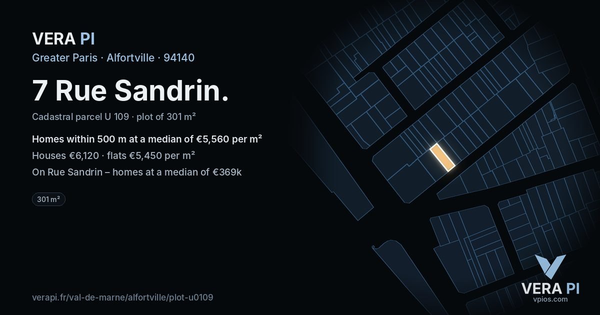 7 Rue Sandrin, Alfortville at night – the plot lit, the parcels around coloured by the prices near them