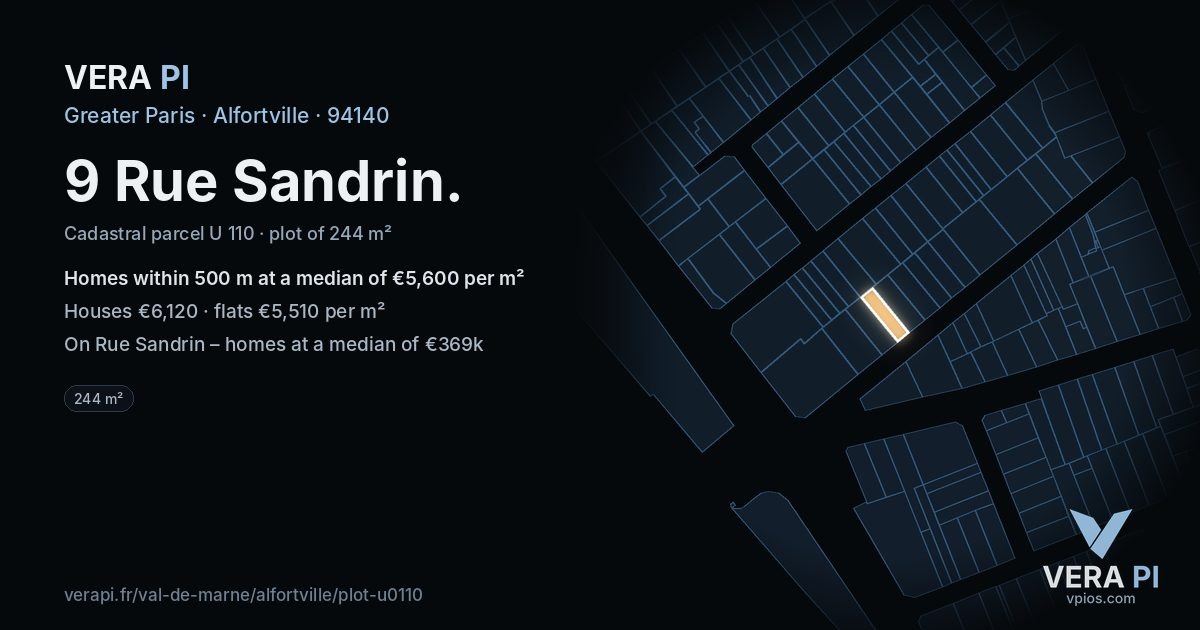 9 Rue Sandrin, Alfortville at night – the plot lit, the parcels around coloured by the prices near them