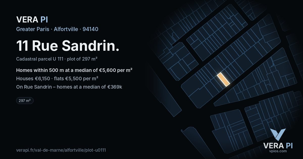 11 Rue Sandrin, Alfortville at night – the plot lit, the parcels around coloured by the prices near them