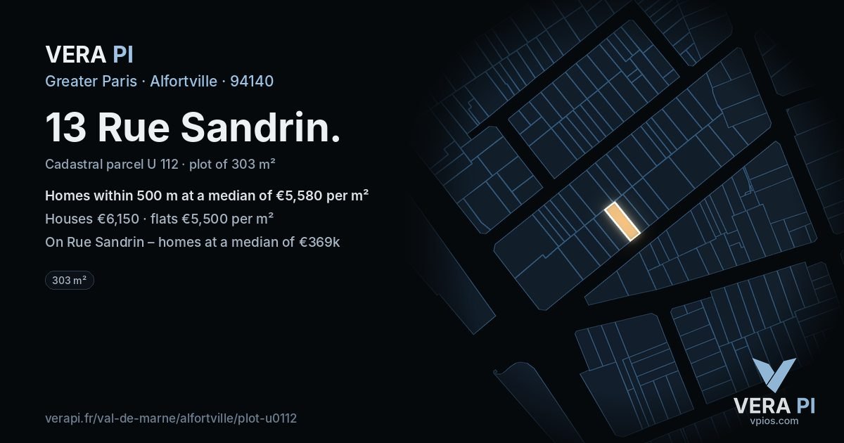 13 Rue Sandrin, Alfortville at night – the plot lit, the parcels around coloured by the prices near them