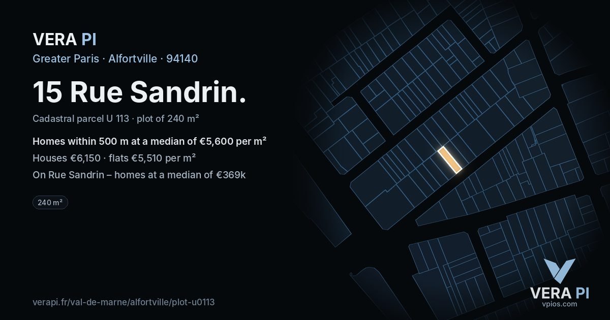 15 Rue Sandrin, Alfortville at night – the plot lit, the parcels around coloured by the prices near them