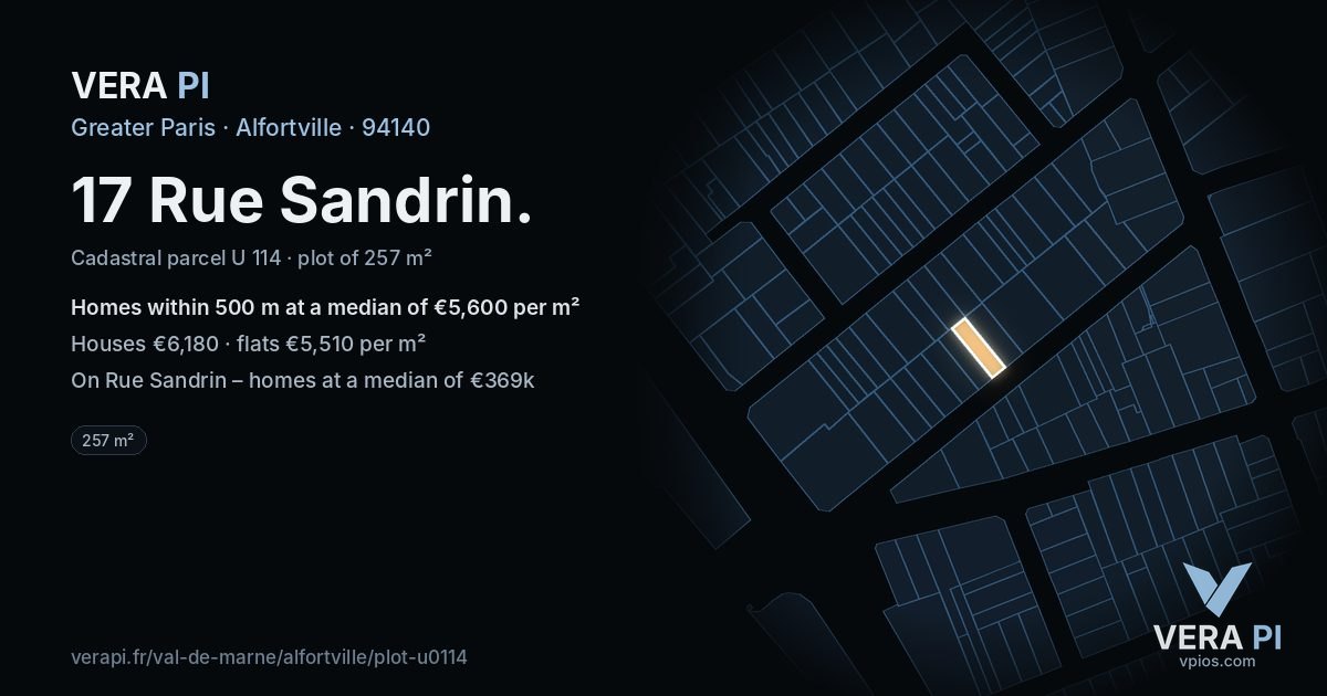 17 Rue Sandrin, Alfortville at night – the plot lit, the parcels around coloured by the prices near them