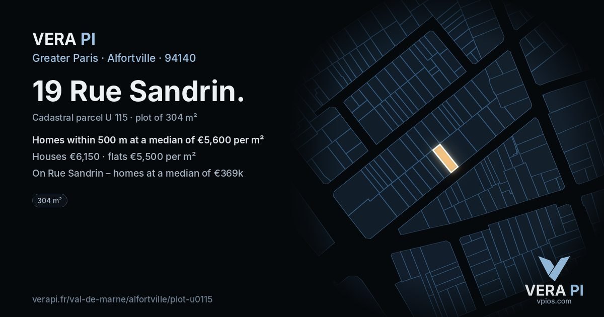 19 Rue Sandrin, Alfortville at night – the plot lit, the parcels around coloured by the prices near them