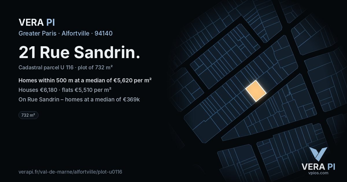 21 Rue Sandrin, Alfortville at night – the plot lit, the parcels around coloured by the prices near them