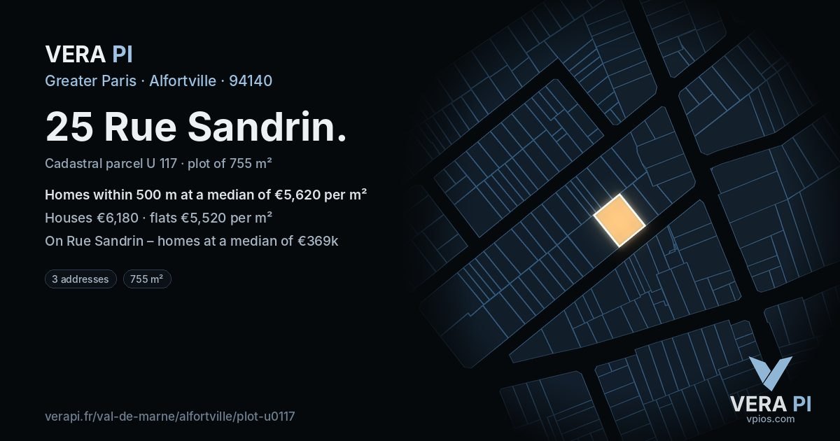 25 Rue Sandrin, Alfortville at night – the plot lit, the parcels around coloured by the prices near them