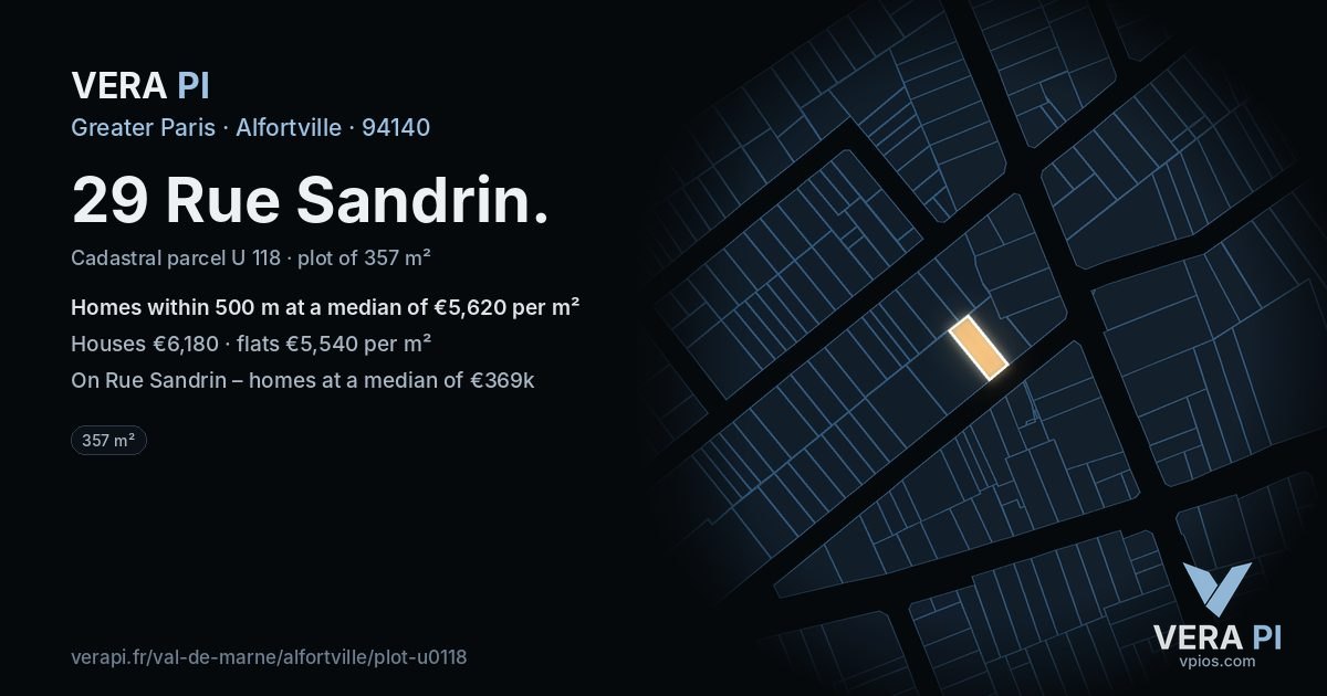 29 Rue Sandrin, Alfortville at night – the plot lit, the parcels around coloured by the prices near them