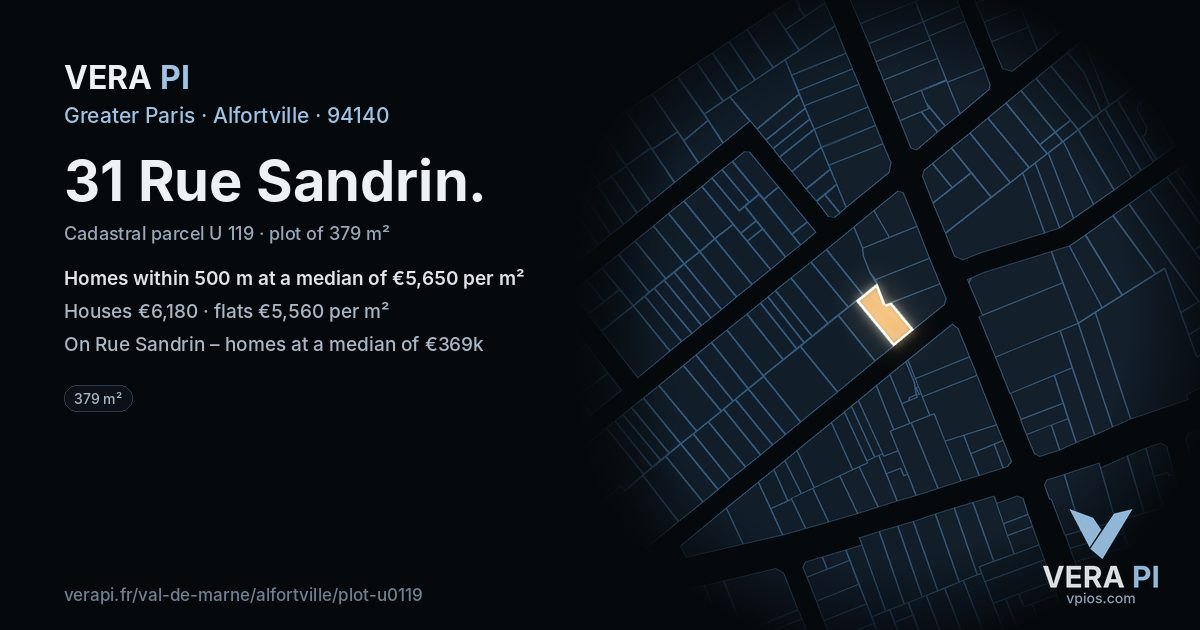 31 Rue Sandrin, Alfortville at night – the plot lit, the parcels around coloured by the prices near them