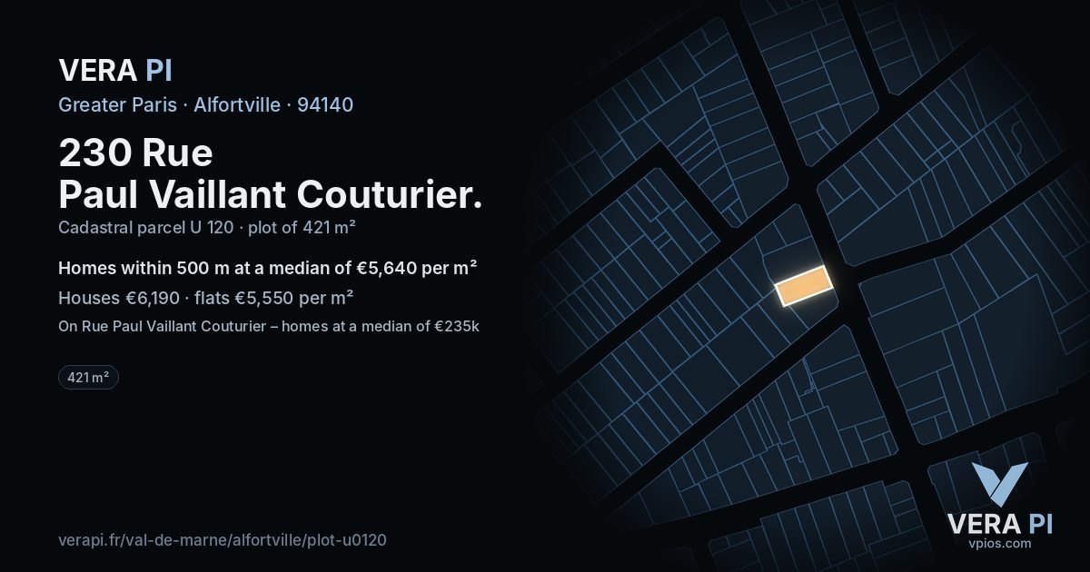 230 Rue Paul Vaillant Couturier, Alfortville at night – the plot lit, the parcels around coloured by the prices near them