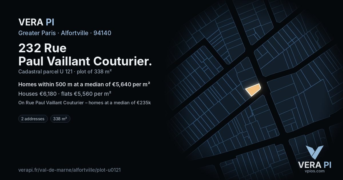 232 Rue Paul Vaillant Couturier, Alfortville at night – the plot lit, the parcels around coloured by the prices near them