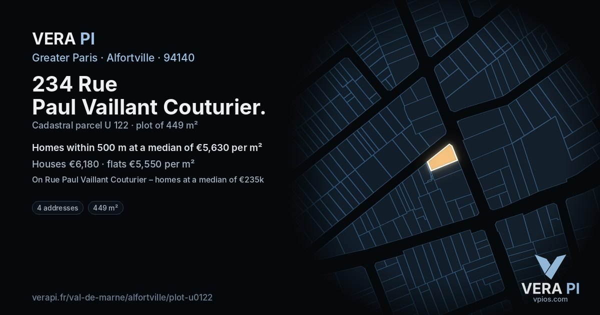 234 Rue Paul Vaillant Couturier, Alfortville at night – the plot lit, the parcels around coloured by the prices near them