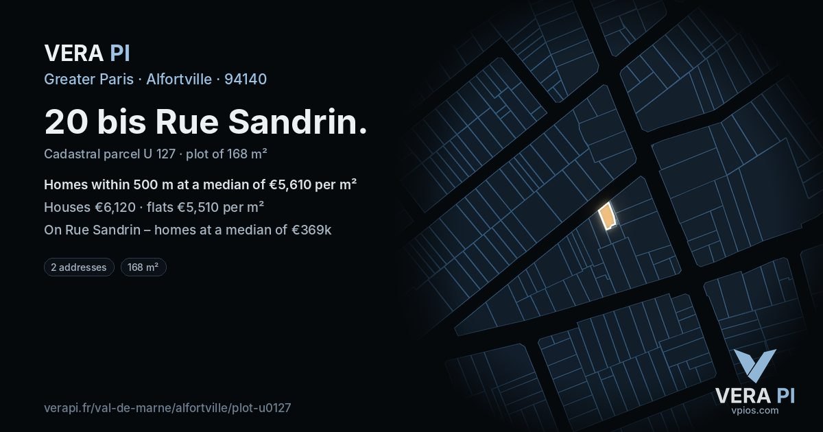 20 bis Rue Sandrin, Alfortville at night – the plot lit, the parcels around coloured by the prices near them