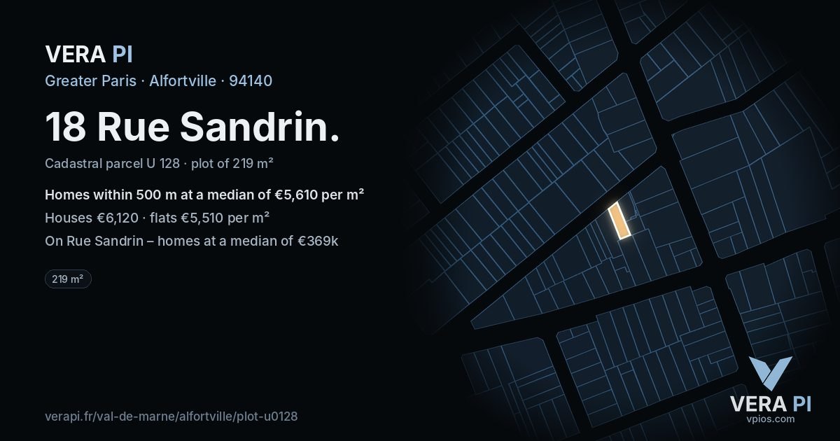 18 Rue Sandrin, Alfortville at night – the plot lit, the parcels around coloured by the prices near them