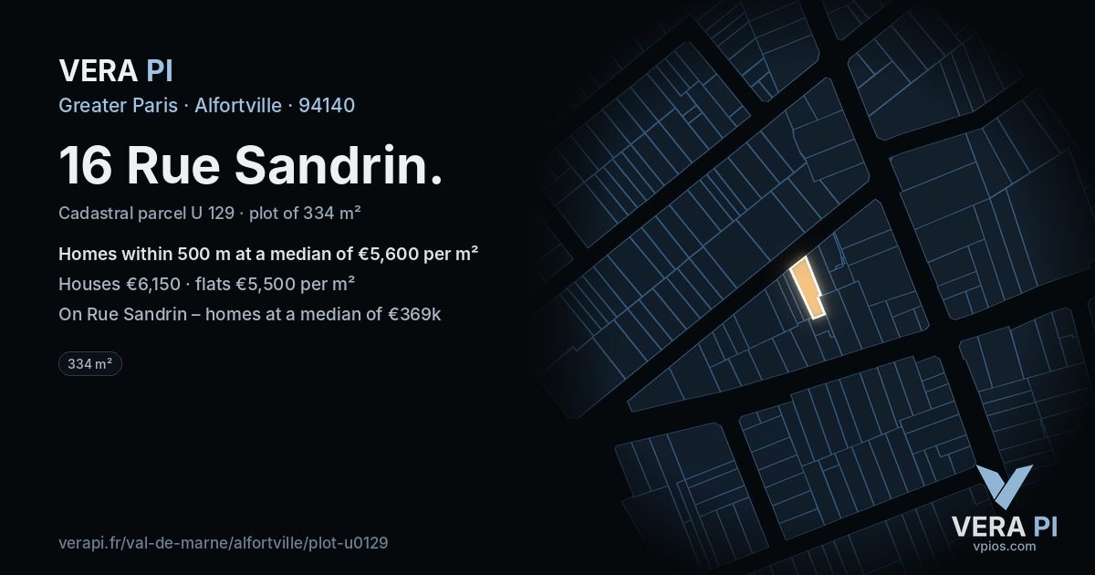 16 Rue Sandrin, Alfortville at night – the plot lit, the parcels around coloured by the prices near them