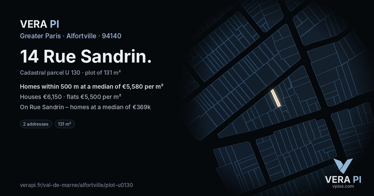 14 Rue Sandrin, Alfortville at night – the plot lit, the parcels around coloured by the prices near them
