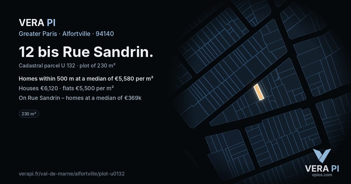 12 bis Rue Sandrin, Alfortville at night – the plot lit, the parcels around coloured by the prices near them