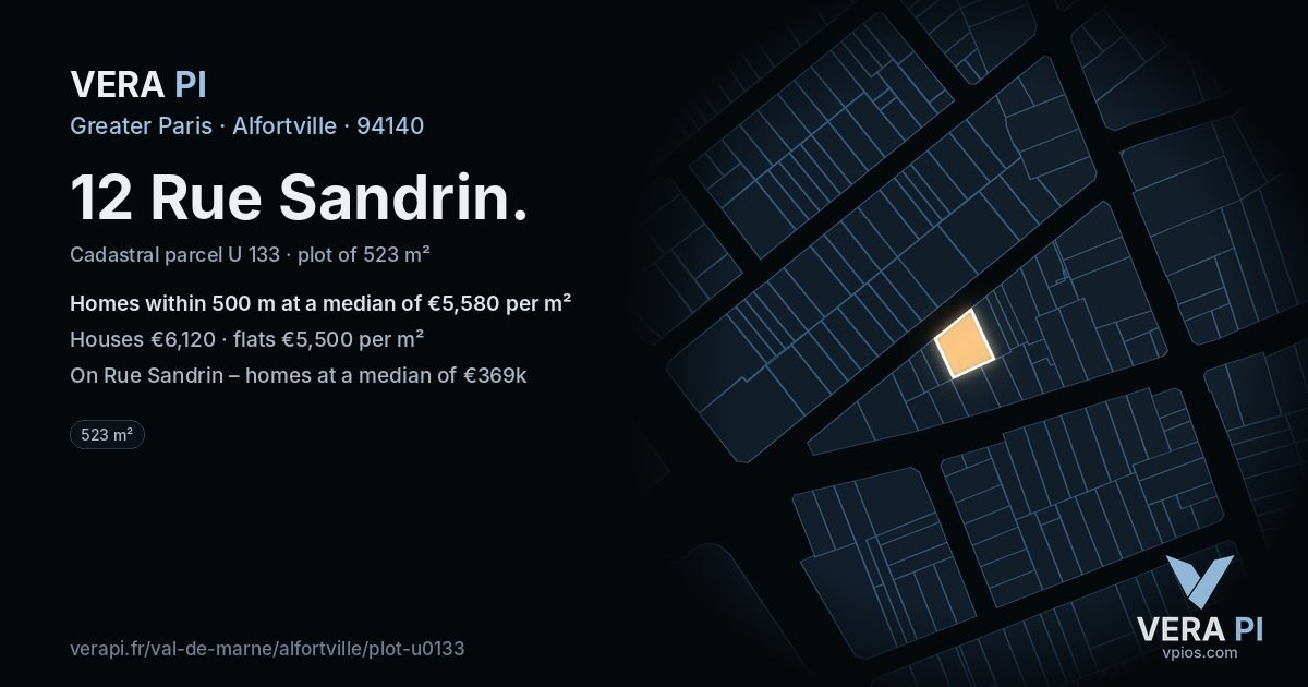 12 Rue Sandrin, Alfortville at night – the plot lit, the parcels around coloured by the prices near them
