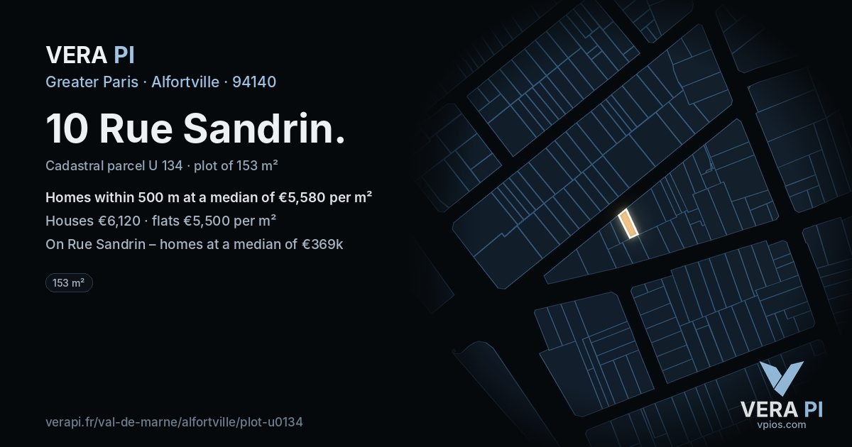 10 Rue Sandrin, Alfortville at night – the plot lit, the parcels around coloured by the prices near them
