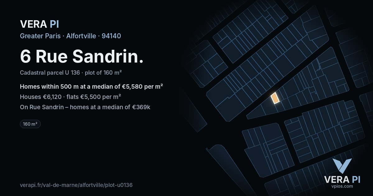 6 Rue Sandrin, Alfortville at night – the plot lit, the parcels around coloured by the prices near them