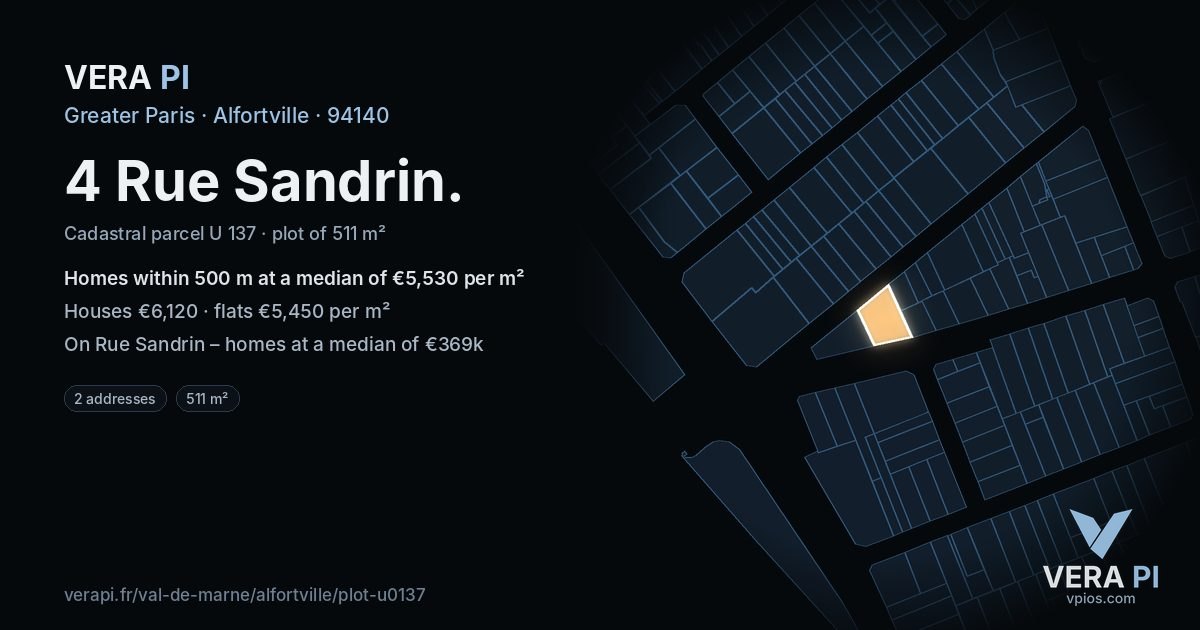 4 Rue Sandrin, Alfortville at night – the plot lit, the parcels around coloured by the prices near them