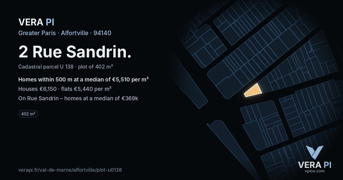2 Rue Sandrin, Alfortville at night – the plot lit, the parcels around coloured by the prices near them