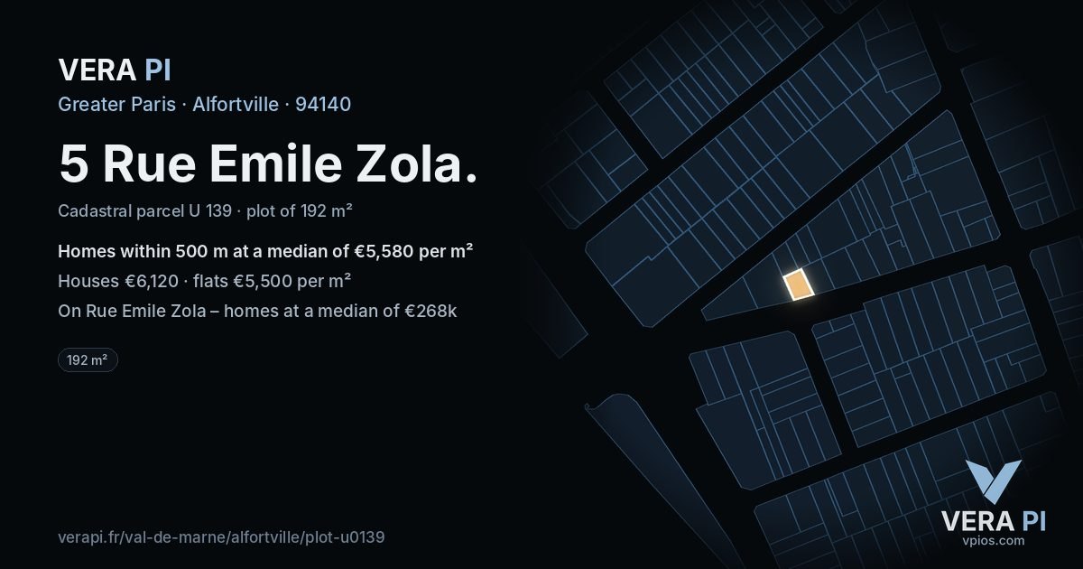 5 Rue Emile Zola, Alfortville at night – the plot lit, the parcels around coloured by the prices near them