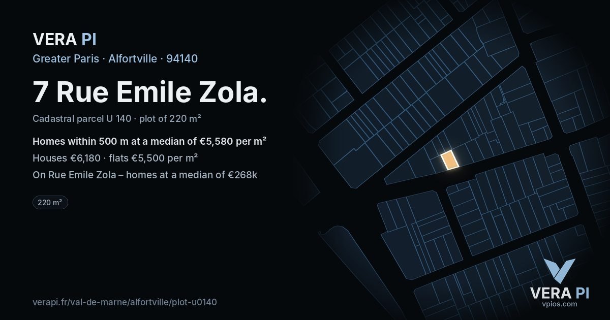 7 Rue Emile Zola, Alfortville at night – the plot lit, the parcels around coloured by the prices near them