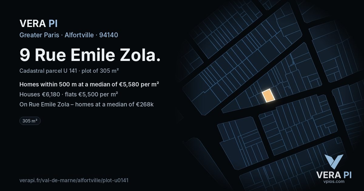 9 Rue Emile Zola, Alfortville at night – the plot lit, the parcels around coloured by the prices near them