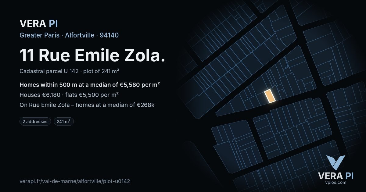 11 Rue Emile Zola, Alfortville at night – the plot lit, the parcels around coloured by the prices near them