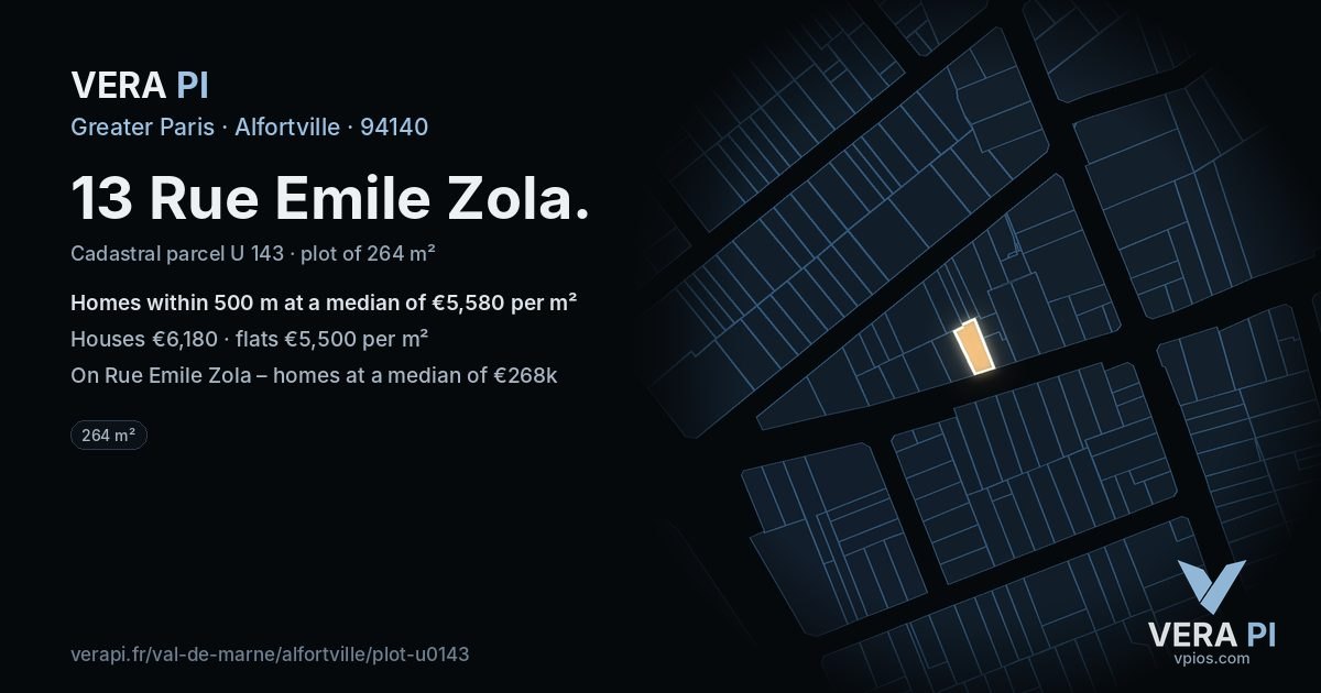 13 Rue Emile Zola, Alfortville at night – the plot lit, the parcels around coloured by the prices near them