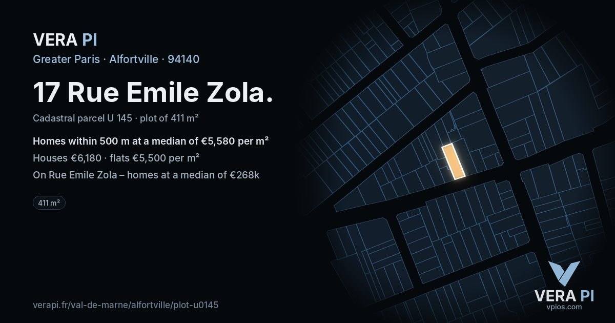 17 Rue Emile Zola, Alfortville at night – the plot lit, the parcels around coloured by the prices near them