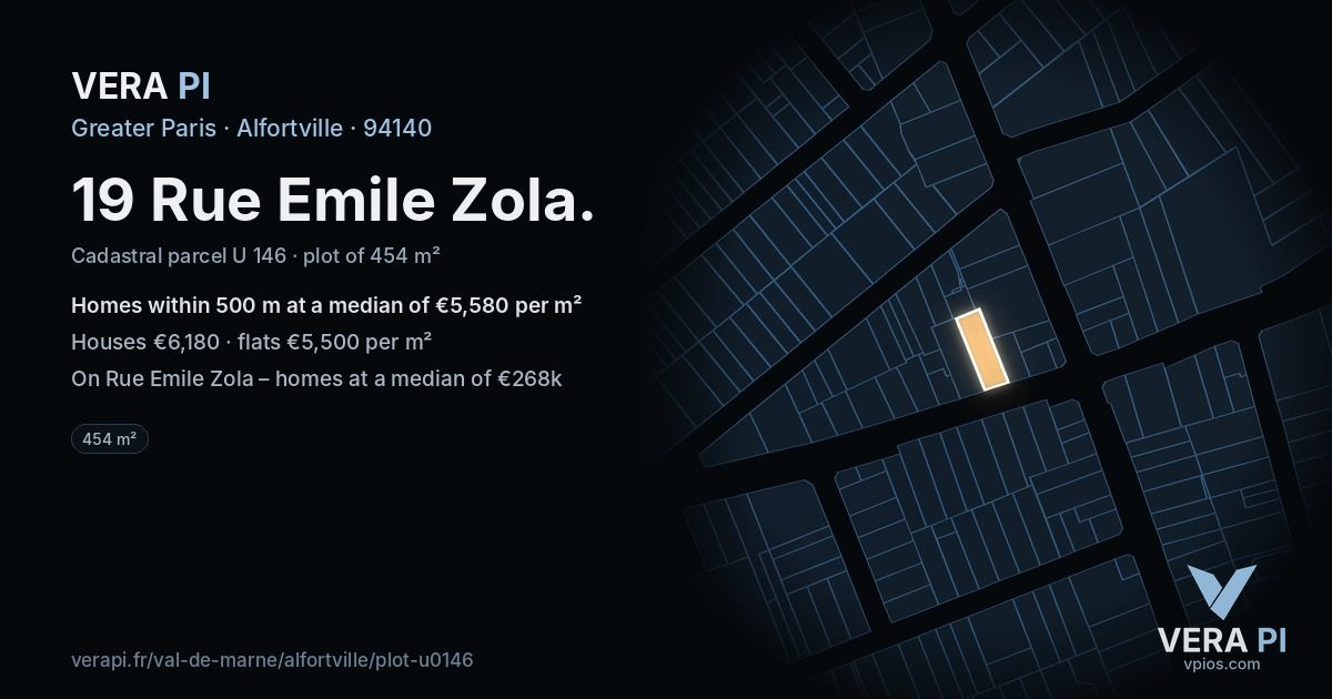 19 Rue Emile Zola, Alfortville at night – the plot lit, the parcels around coloured by the prices near them
