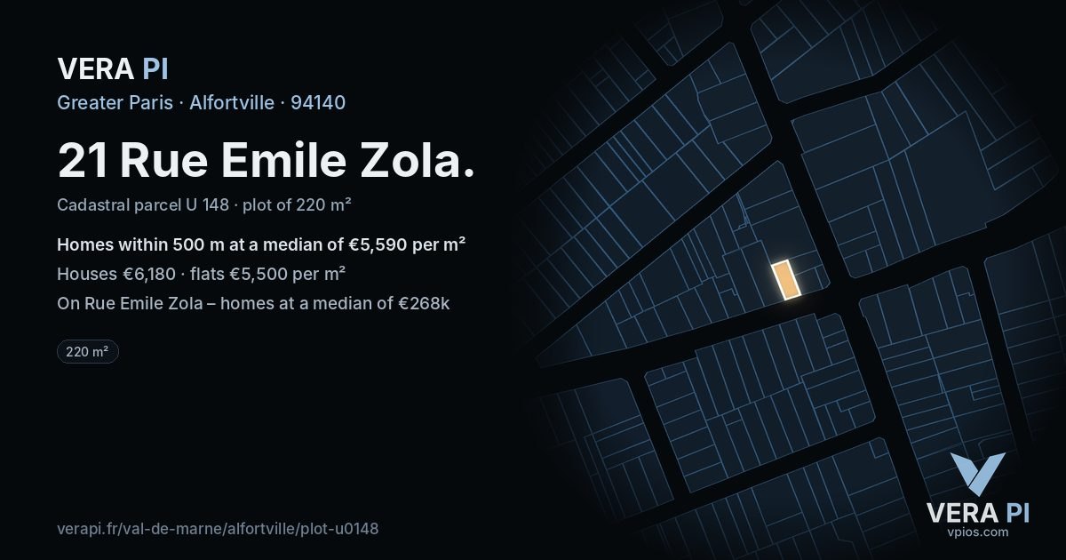 21 Rue Emile Zola, Alfortville at night – the plot lit, the parcels around coloured by the prices near them