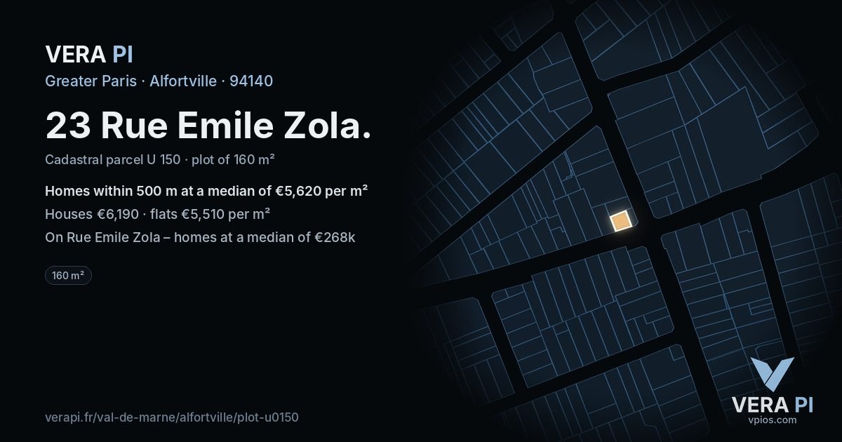 23 Rue Emile Zola, Alfortville at night – the plot lit, the parcels around coloured by the prices near them