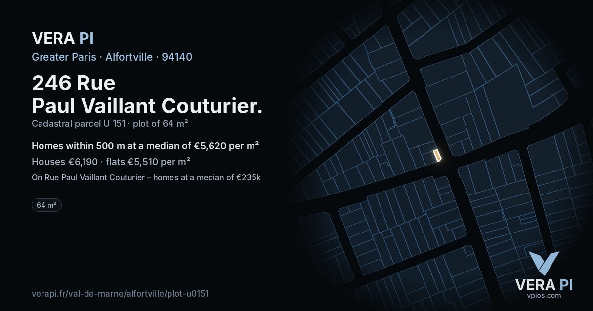 246 Rue Paul Vaillant Couturier, Alfortville at night – the plot lit, the parcels around coloured by the prices near them