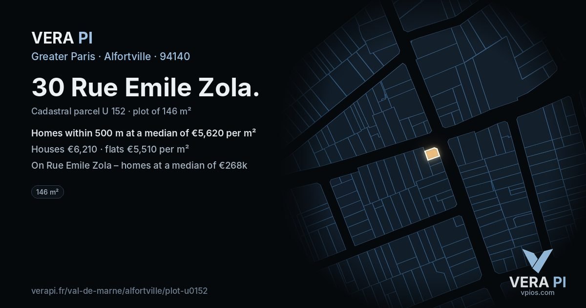 30 Rue Emile Zola, Alfortville at night – the plot lit, the parcels around coloured by the prices near them