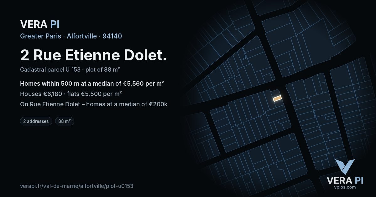 2 Rue Etienne Dolet, Alfortville at night – the plot lit, the parcels around coloured by the prices near them