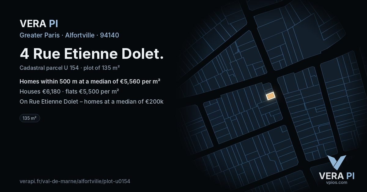 4 Rue Etienne Dolet, Alfortville at night – the plot lit, the parcels around coloured by the prices near them